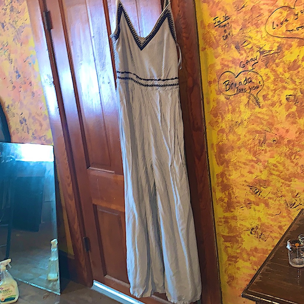 Blue and white striped spaghetti strap jumpsuit V neck with dark blue embroidery